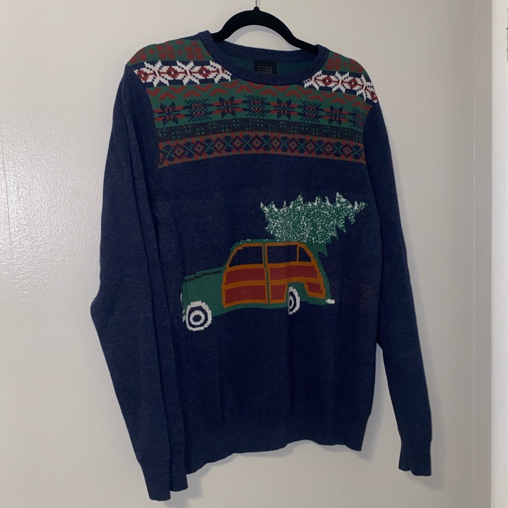 14th & Union Navy Sweater with Festive Car Design
